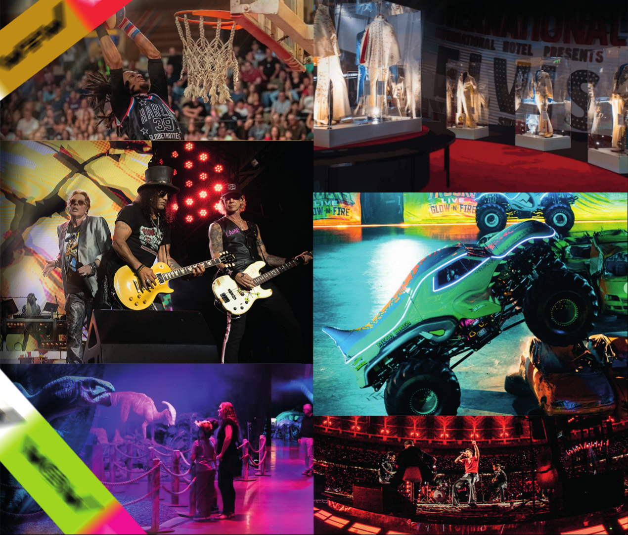 Mosaico de eventos da WOW: basquete, shows, monster trucks e exposições